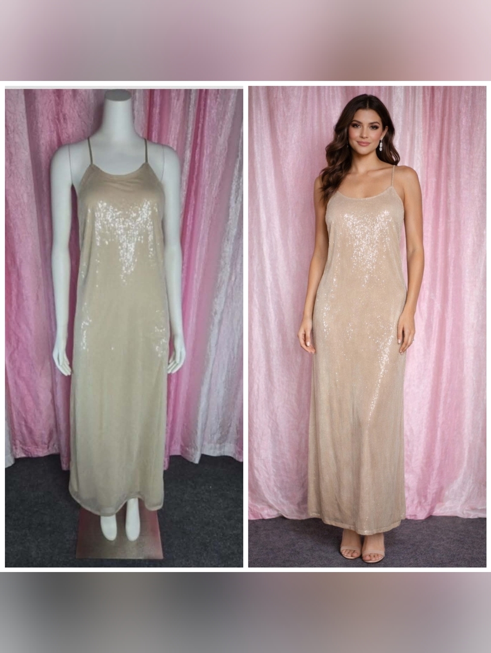 A New Day Beige Sequin Lined Side Slit Cocktail Evening Gown Dress Size Small